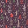 Christmas tree seamless pattern repeat tile. Green, brown, red doodle trees and snowflakes on purple background. Scandinavian Royalty Free Stock Photo