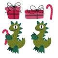 Christmas tree set dragon and gift box and balls and penguin pattern for wrapping paper and fabrics