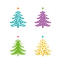 Christmas tree. Set of four multicolored patterns of silhouettes of Christmas trees with stars.