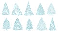 Christmas tree set sketches. Conifer spruce. New year fir-tree postcard. Hand drawn contour vector blue outline. Royalty Free Stock Photo