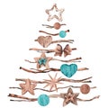 Christmas tree shape branches with handmade decoration.