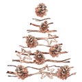Christmas tree shape branches with pine cones and decoration.