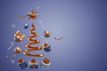 Christmas tree shape made from ribbon, gift box and decorations with balls, blue nova background. 3D rendering