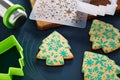 Christmas tree shaped cookies with snowflakes pattern, stencil, cookie cutters, rolling pin, cutting board on a baking mat