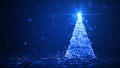 Christmas tree with shining light with particles, falling snowflakes, and stars, 3d Rendering blue background, Merry Christmas Royalty Free Stock Photo