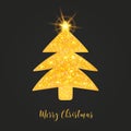 Christmas tree, shining star, golden gritter design, calligraphic text on black background Royalty Free Stock Photo