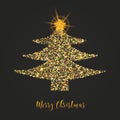 Christmas tree, shining star, golden gritter design, calligraphic text on black background