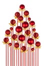 Christmas tree of shiny red balls with golden bows hanging on ribbons as bunch isolated on white background. Christmas background. Royalty Free Stock Photo