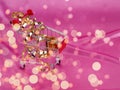 Christmas tree in shopping cart on background of shiny pink satin as background, silk background, Christmas card. Happy Royalty Free Stock Photo