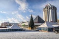 The Christmas tree and shopping malls on the snowy streets of Ulan-Ude, Buryatiya, Russia.