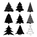 Christmas tree silhouettes set. Black pines icon for xmas card or invitation. Symbol of december. Collection of pine shapes design