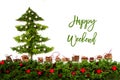 Christmas Tree, Silver And Red Stars, Fir Branch, Text Happy Weekend Royalty Free Stock Photo