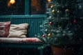 a christmas tree sits on a bench in the snow