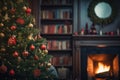 a christmas tree sits in front of a fireplace