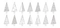 Christmas tree sketch line, xmas doodle vector icon, simple hand drawn outline design. New Year fir and pine set. Black Royalty Free Stock Photo