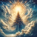 Christmas tree in the sky with clouds and birds, 3d illustration. Royalty Free Stock Photo