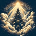 Christmas tree in the sky with clouds and birds, 3d illustration. Royalty Free Stock Photo