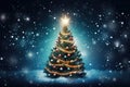 Christmas tree on snow background with falling snow and bokeh lights, Christmas Tree With Baubles And Blurred Shiny Lights, AI Royalty Free Stock Photo
