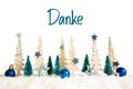 Christmas Tree, Snow, Blue Star, Ball, Danke Means Thank You, White Background Royalty Free Stock Photo