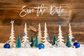 Christmas Tree, Snow, Blue Star, Ball, Save The Date, Wooden Background Royalty Free Stock Photo