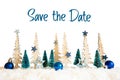 Christmas Tree, Snow, Blue Star, Ball, Text Save The Date, White Background Royalty Free Stock Photo
