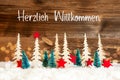 Christmas Tree, Snow, Red Star, Willkommen Means Welcome, Wooden Background Royalty Free Stock Photo