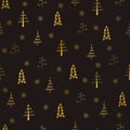 Christmas tree and snowflake vector seamless, repeat pattern. Gold trees and snowflakes on brown background. Doodle trees, hand dr Royalty Free Stock Photo