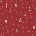 Christmas tree and snowflake vector seamless, repeat pattern. White trees and snowflakes on red background. Doodle trees, hand dra