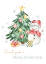 Watercolor card with christmas tree, snowman, gifts, star, snowflakes, i wish you a merry christmas