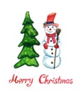 Christmas tree and snowman, greeting Marry Christmas, handpainted watercolor illustration isolated on white, perfect element Royalty Free Stock Photo