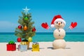 Christmas Tree and Snowman. Sandy snowman on the beach. Merry Christmas. Happy New Year. Smiling snowman. Royalty Free Stock Photo