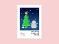 Christmas tree and snowman - Christmas stamp flat design for greeting card and multi purpose - Vector illustration Royalty Free Stock Photo