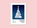 Christmas tree by snowman - Christmas stamp flat design for greeting card and multi purpose - Vector illustration Royalty Free Stock Photo