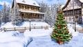 Christmas tree on snowy european village square