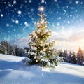 A Christmas tree on a snowy hill is decorated for the holiday. Royalty Free Stock Photo