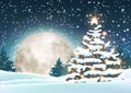 Christmas tree in snowy landscape with big moon