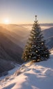 A Christmas Tree On A Snowy Mountaintop, The Valley Below Illuminated By The Rising Sun. Generative AI