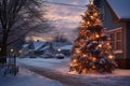 a christmas tree in a snowy outdoor setting at dusk