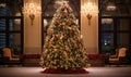 Christmas Tree in Spacious Room With Chandeliers