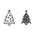 Christmas tree with a star line and glyph icon. Fir-tree vector illustration isolated on white. Decorated christmas tree Royalty Free Stock Photo