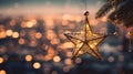 Christmas tree star ornament and blurred cityscape with light bokeh, Christmas background. Generative AI Royalty Free Stock Photo