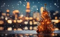 Christmas tree in snowy weather against the backdrop of a night city Royalty Free Stock Photo