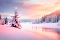 Christmas tree and a star on the top, pine forest, white snow field and cloudy sky on holiday winter season beautiful soft dreamy Royalty Free Stock Photo