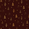 Christmas tree and star vector seamless, repeat pattern. Gold trees and stars on red background. Doodle trees, hand drawn illustra Royalty Free Stock Photo