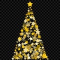 Christmas tree of stars on the transparent background. Gold Christmas tree as symbol of Happy New Year, Merry Christmas holiday ce Royalty Free Stock Photo