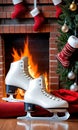 A Christmas Tree With Stockings And A Pair Of Skates. Generative AI