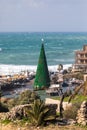 Christmas tree in stormy bay of ancient city Royalty Free Stock Photo