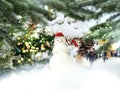 Christmas tree on street , snowman decoration in city,pine tree branch , holiday end , blurred guirlande light in Tallinn old Royalty Free Stock Photo