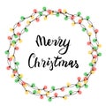 Christmas tree string garland in circle shape and lettering isolated on white background. Realistic Christmas, New Year party deco