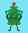 Christmas tree superhero. Super Fir in mask and raincoat. Xmas and New Year vector illustration